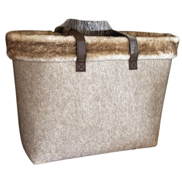 Barnes & Noble Brown Cream Tote Bag Faux Fur Trim Felt Carrier Thick Strong Gift - Picture 1 of 9